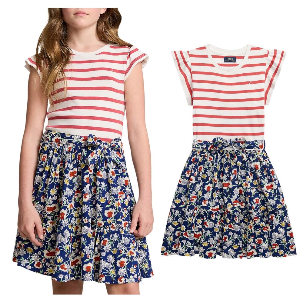 Polo Ralph Lauren Girls Striped Floral Cotton Blend Dress, Multi Size X-Large 16
